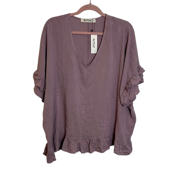 Three Bird Nest Tops - Three Bird Nest Ruffle V Neck Top Blouse Size L Mauve Pink Oversized Boho NEW